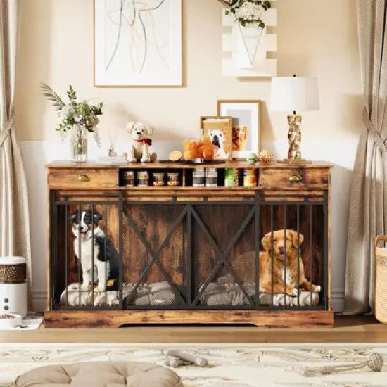 63'' Extra Large Double Dog Crate with Removable Divider, Heavy Duty Dog Kennel Furniture with 2 Drawers, Indoor Pet Cage TV Stand for 2 Pets, Brown image {1}