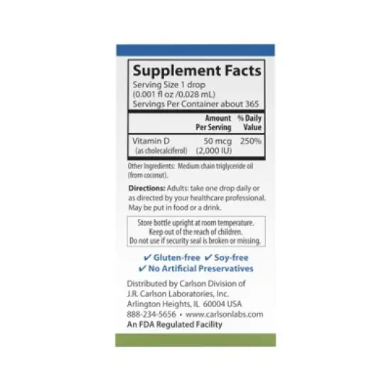 Carlson - Super Daily D3 2,000 IU (50 mcg) per Drop, Vitamin D Drops, Vegetarian, Unflavored image {3}