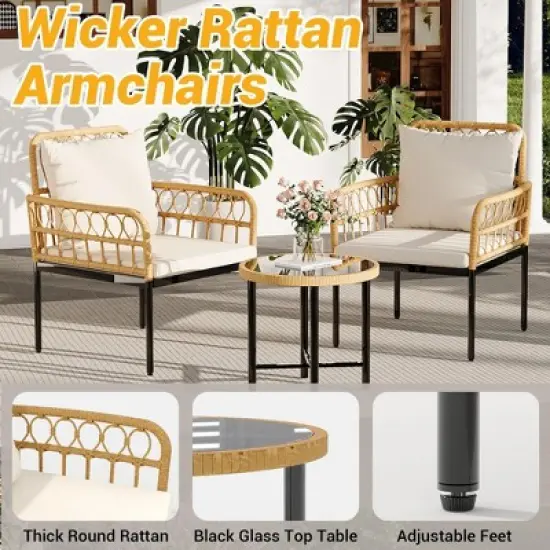 Wicker 3 Pieces Patio Bistro Sets Outdoor Conversation Sets with Glass Top Side Table and 2 Modern Rattan Chairs, for Backyard, Balcony, Lawn, Beige image {2}