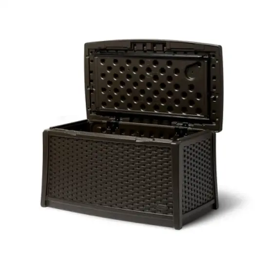 Suncast Outdoor Resin Wicker Coffee Table, Java & 73 Gal Resin Deck Box, Mocha image {4}