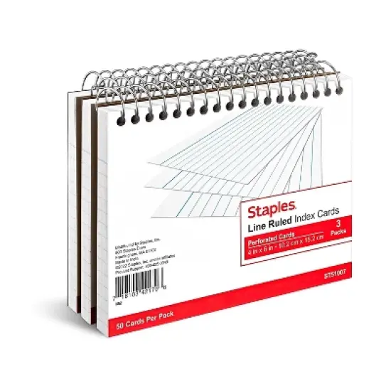 Staples 4" x 6" Line Ruled Spiral Bound Index Cards 50/Pack (51007) TR51007 image {5}