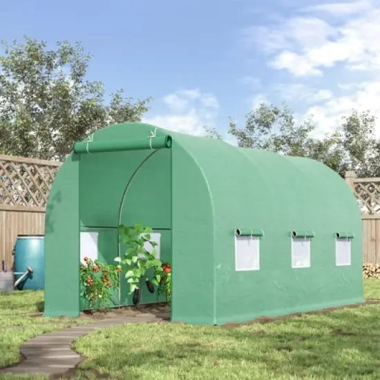Outsunny 15' x 6' x 7' Walk-in Tunnel Greenhouse Garden Plant Growing House with Door and Ventilation Window, Green image {2}