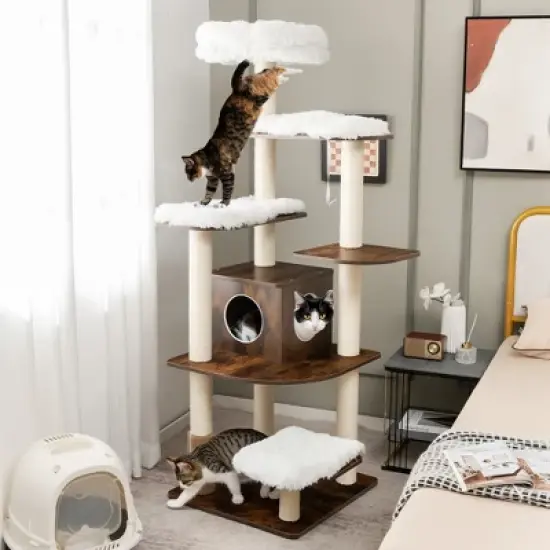 Costway Wooden Cat Tree 71'' 7-Layer Cat Tower with Sisal Scratching Posts Perch & Cushions Brown/Natural image {2}