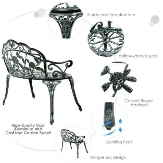 Costway Patio Garden Bench Chair Style Porch Cast Aluminum Outdoor Rose Antique Green image {8}