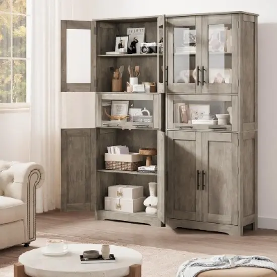 Nasitip 67''Tall Storage Cabinet,Pantry Cabinet with Glass Double Door, Freestanding Cupboard with Drawer for Bathroom/Living Room image {7}