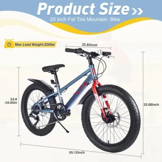 NAYSAYE Bicycle 20 Inch Fat Tire Mountain Bike 7 Speed for Adults Ideal for Beach and Snow, Gray, 55.12"22.83"32.68" image {4}