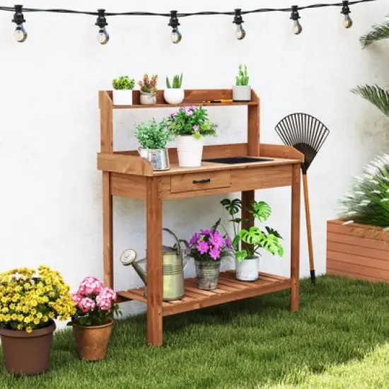 Tangkula Potting Bench Outdoor Wooden Garden Table Work Station Solid Gardening Table image {3}