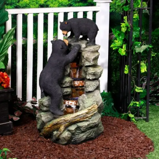 Alpine Corporation 36" Resin Two Bears Climbing Waterfall Fountain with LED Lights Brown: Sculptural, Electric, Freestanding Outdoor Decor image {1}