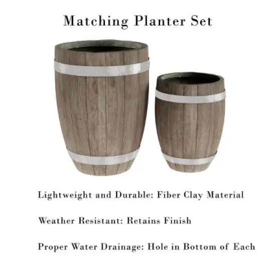 Fiber Clay Planters - 2-Piece Barrel-Shaped Pot Set with Metal Trim, Wood Look, and Drainage Holes for Herbs and Flowers by Pure Garden (Gray) image {2}
