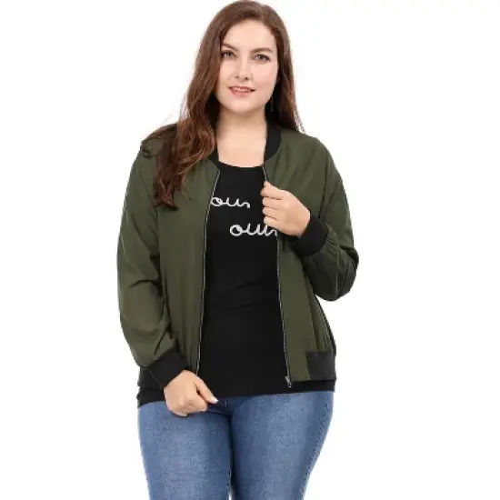 Agnes Orinda Women Plus Size Contrast Trim Zipper Pocket Lightweight Bomber Jacket image {3}