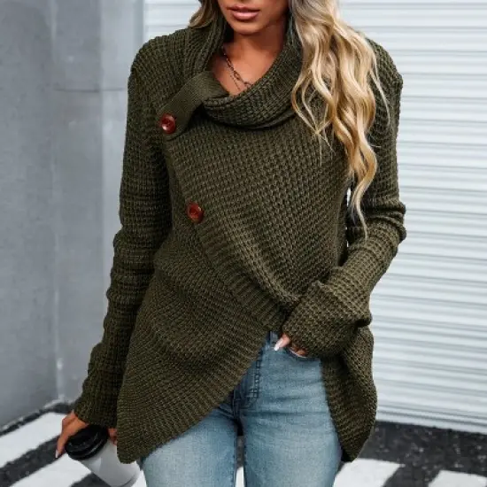 Women's Buttoned Turtleneck Wrap Sweater - Cupshe image {1}