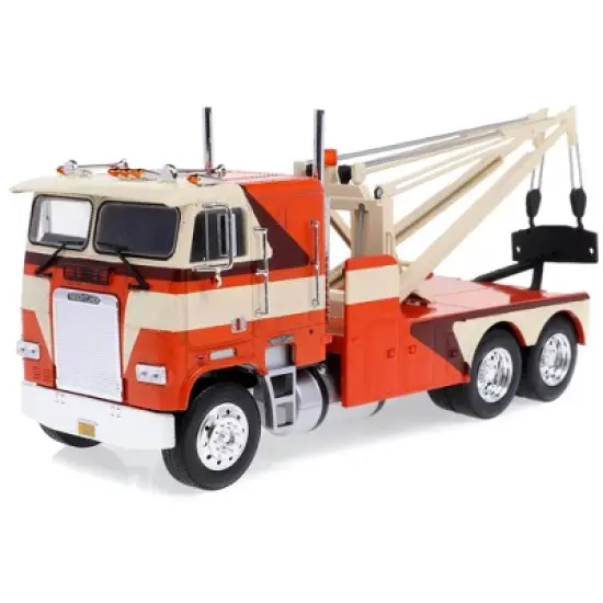 1984 Freightliner FLA 9664 Tow Truck Orange and White with Brown Graphics 1/43 Diecast Model Car by Greenlight image {1}