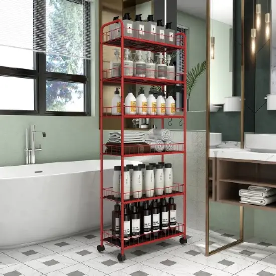 FONTOI Baker's Racks, 6 Tier Shelving Unit, Slim Rolling Storage Cart with 6 Baskets, Mobile Rack for Garage Kitchen Office, Red, 10"*61"*22.8" image {3}