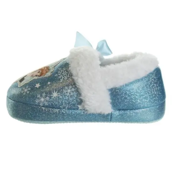 Disney Frozen Girl Slippers - Elsa and Anna Plush Lightweight Warm Comfort Soft Aline House Shoes - Blue ribbon (sizes 5-12 Toddler-Little Kid) image {4}