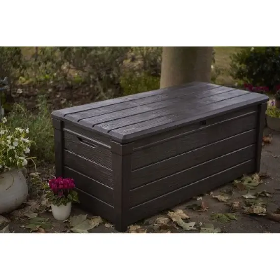 Keter Large 120 Gallon Waterproof All-Weather Resistant Wood Panel Outdoor Deck Garden Storage Box Bench - Brown image {2}