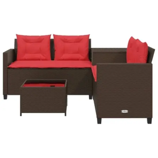 vidaXL Patio Sofa Set - L-Shaped Brown Poly Rattan Outdoor Seating with Side & Coffee Table, Tempered Glass Top, Cushions, Storage image {3}