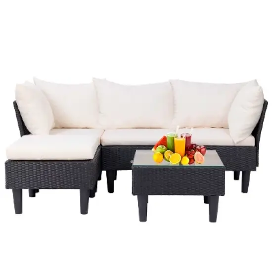 FDW 5 Pieces Patio Furniture Modern Outdoor Sectional Rattan Chair Wicker Conversation Set Sofas with Cushions and Glass-Top Coffee Table image {8}