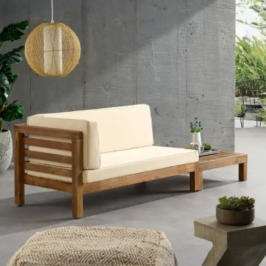 2pk Oana Outdoor Acacia Wood Left Arm Loveseat & Coffee Table with Cushion Teak/Beige - Christopher Knight Home image {3}