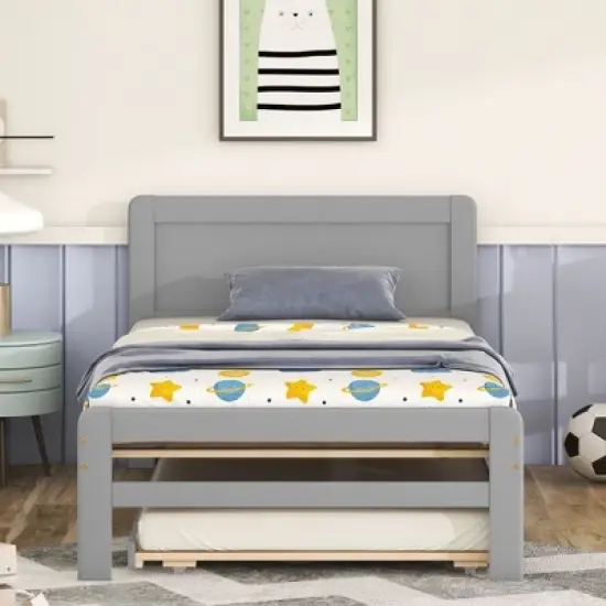 Okak Twin Platform Bed Frame with Trundle Modern Wooden Platform Bed Noiseless No Springs Required Easy to Assemble image {2}