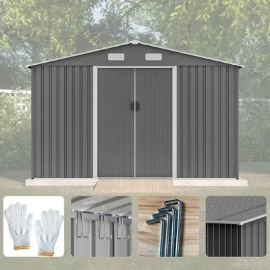 10X8 FT Outdoor Storage Shed, Metal Foundation & Lockable Doors, Tool Shed for Garden, Patio, Backyard, Lawn, Grey image {6}