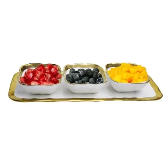 Classic Touch White Porcelain Relish Dish with 3 Square Bowls with Gold Trim image {2}