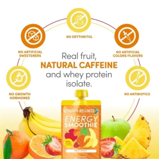 Designer Wellness Energy Smoothie, Real Fruit, 100mg Natural Caffeine, 5g Protein, Low Carb, Zero Added Sugar, Gluten-Free, Fruit Punch, 12 Count image {3}