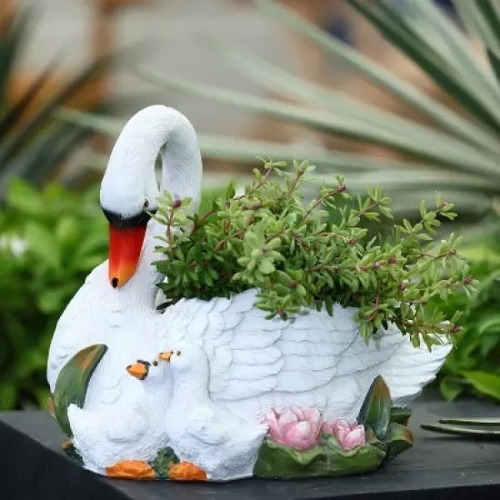 LuxenHome White Resin Swan Family Planter image {1}