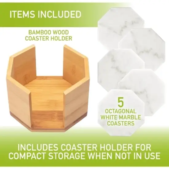 D'Eco White Carrara Marble Coasters w/ Bamboo Holder - Set of 5 - Tabletop Protection- Fits Any Size Wine Glass, Cup, Mug - Great Mother's Day Gift image {1}