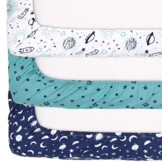 The Peanutshell Mini Crib, Playard Sheets, 3 Pack, Space | Blue, Teal image {3}