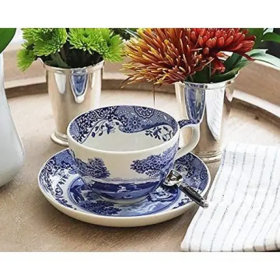 Spode Blue Italian 20oz Jumbo Cup & Saucer Set - Scenic Motif & Decorative Border - Elegant Hot Beverage Mug for Tea, Coffee image {7}