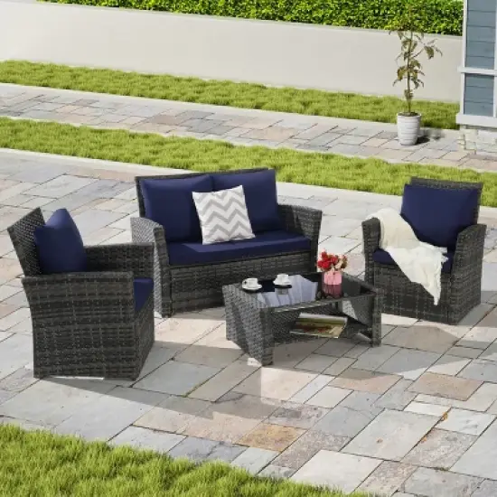 4 Piece Outdoor Wicker Patio Furniture Sets,Rattan Garden Furniture Sofa Set,Poolside Sofas with Cushions and Glass Coffee Table-Coolbibila image {8}
