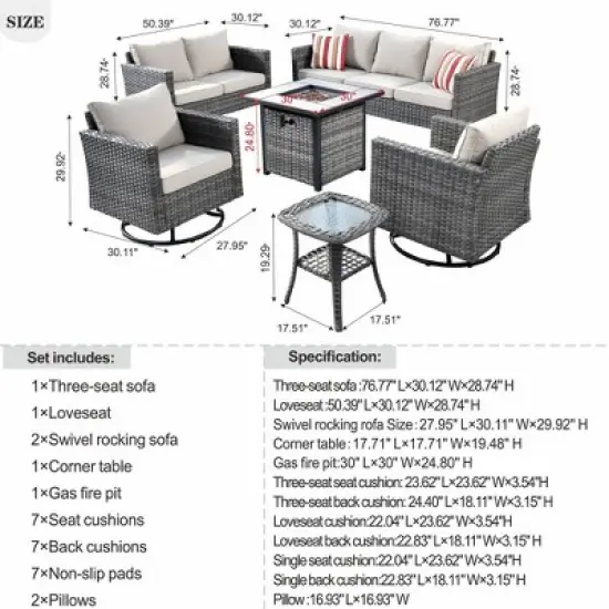 Ovios Tampa 6pc Wicker Outdoor Patio Furniture Set Conversation Sofa Loveseat with a Fire Pit, Swivel Chairs and Cushions image {4}