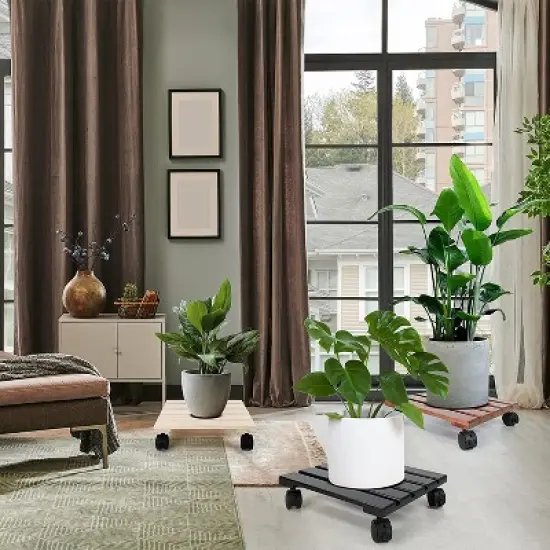 Alladinbox 2-Pack Wooden Plant Stand Caddy with Lockable Wheels Heavy Duty, image {4}