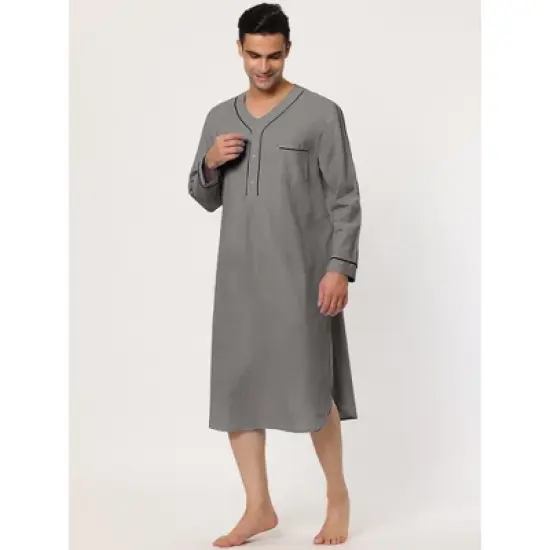Lars Amadeus Men's Nightshirt Cotton Sleep Shirt Long Sleeves Henley Nightgown Sleepwear image {1}