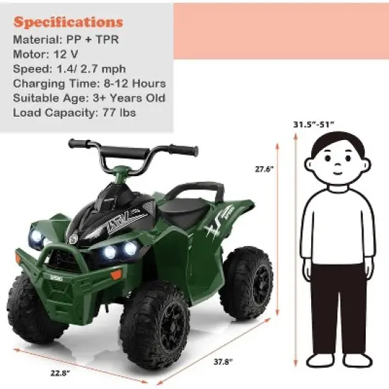 Costway 12V Ride On ATV Battery Powered Electric Vehicle for Kids with Tread Tires Forward/Backward Horn Music Lights High/Low Speed image {8}