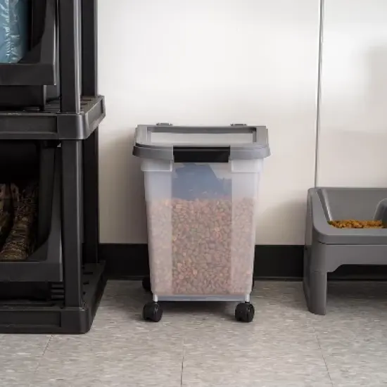 IRIS USA Airtight Dog Food Storage Container 25 lbs, Removable Wheels, for Dog Cat Bird and Other Pets, Clear/Dark Gray image {5}