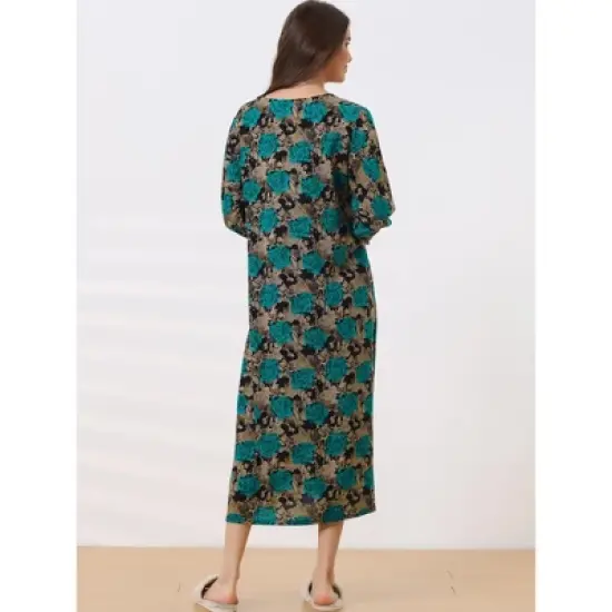 cheibear Womens Pajamas Loungewear Long Sleeve Round Neck Midi Nightgown image {2}