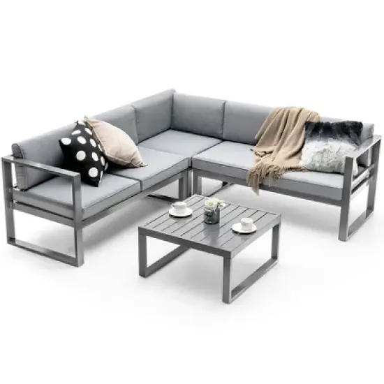 Costway 4PCS Patio Furniture Set Aluminum Frame Loveseat Coffee Table Cushions Deck Grey image {9}