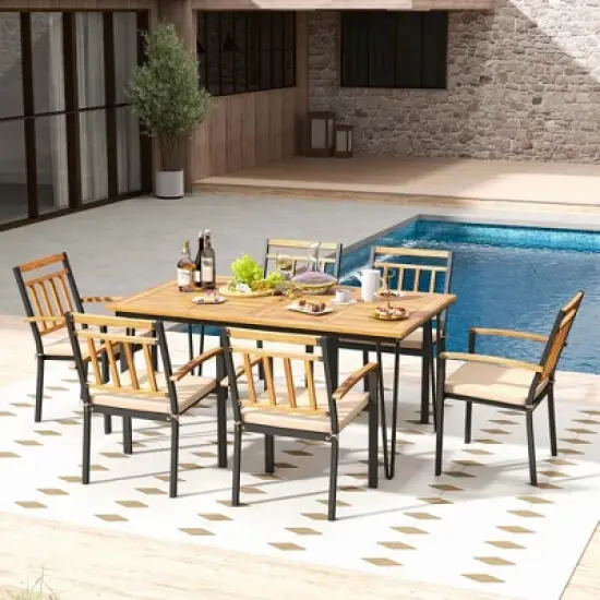 Costway 7 PCS Patio Dining Set with Acacia Wood Dining Table Rattan Armchairs Soft Cushions image {5}