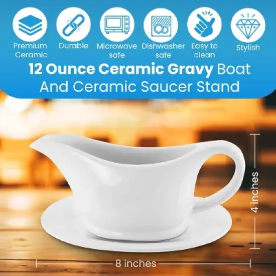 KOVOT White Elegant 12oz Ceramic Gravy Boat and Saucer Plate Set - Perfect for Gravies, Sauces, and Dressings - Microwave and Dishwasher Safe image {1}