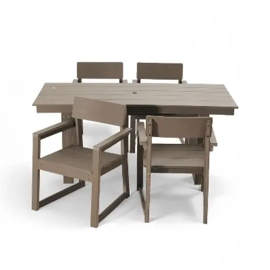 FIONECA 5-Piece HDPE Outdoor Dining Set with Umbrella Hole &uml;C Weather-Resistant Patio Table & 4 Armrest Chairs, Wood Finish image {8}