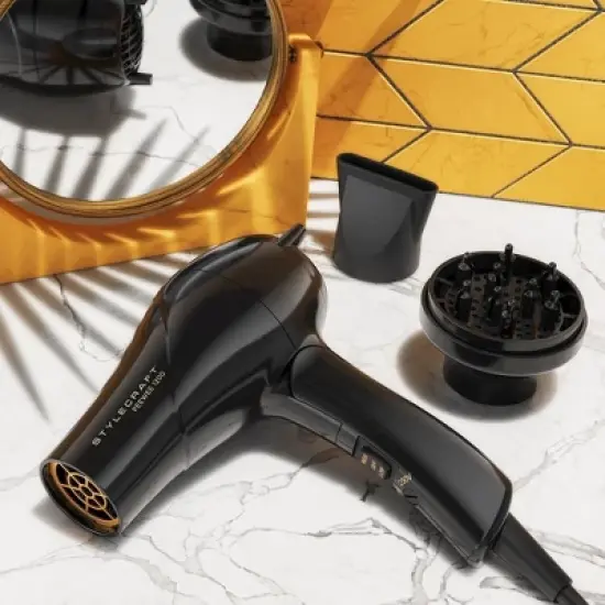 StyleCraft Peewee 1200 Folding Handle Dual Voltage Compact Travel Hair Dryer with Nozzle, Diffuser, and Travel Bag image {7}