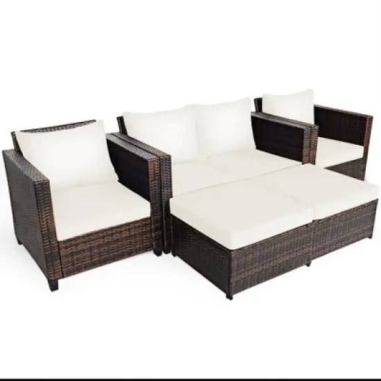 Costway 5PCS Patio Rattan Furniture Set Loveseat Sofa Ottoman Cushioned Red\White image {9}