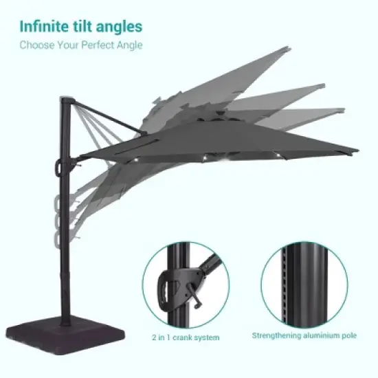 Sonkuki Outdoor 11Ft Aluminum LED Cantilever Patio Umbrella with Base for Patio Deck Garden image {6}