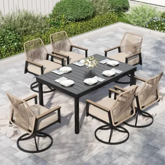 Captiva Designs 7pc Patio Expandable Steel Dining Table and Swivel Wicker Chairs with Thick Cushions image {11}