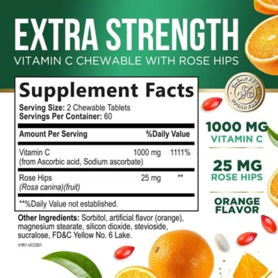Chewable Vitamin C 1000mg - Extra Strength Antioxidants for Powerful Immune Support w/Vitamin C & Rose HIPS - Potent Dietary VIT C Chews - 120 Tablets image {1}