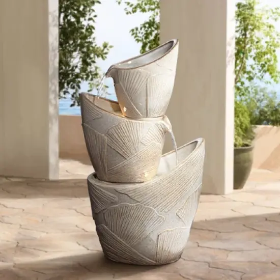 John Timberland Three Urn with Leaves Rustic Cascading Outdoor Floor Water Fountain with LED Light 30" for Yard Garden Patio Home Deck Porch Exterior image {1}