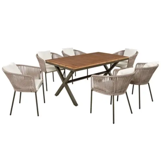 7 Pieces Patio Dining Set, All-Weather Outdoor Furniture Set with Dining Table and Chairs, Metal Frame, for for Garden, Backyard, Beige image {11}