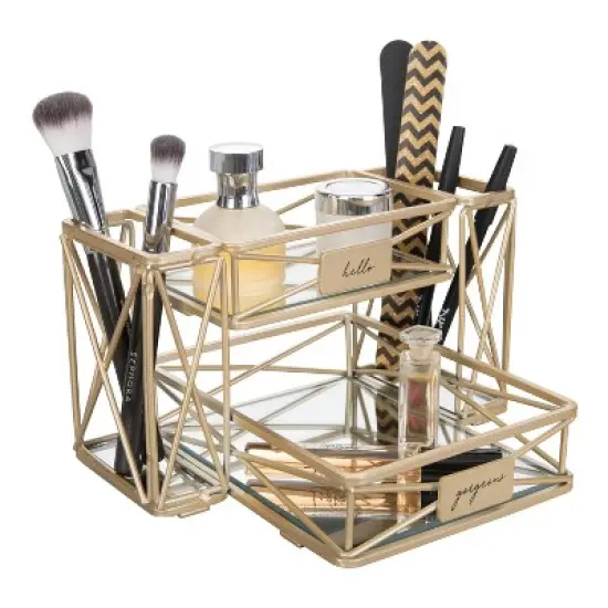 Two Tier Sleek Vanity Tower with Two Compartments Satin Gold - Home Details image {1}