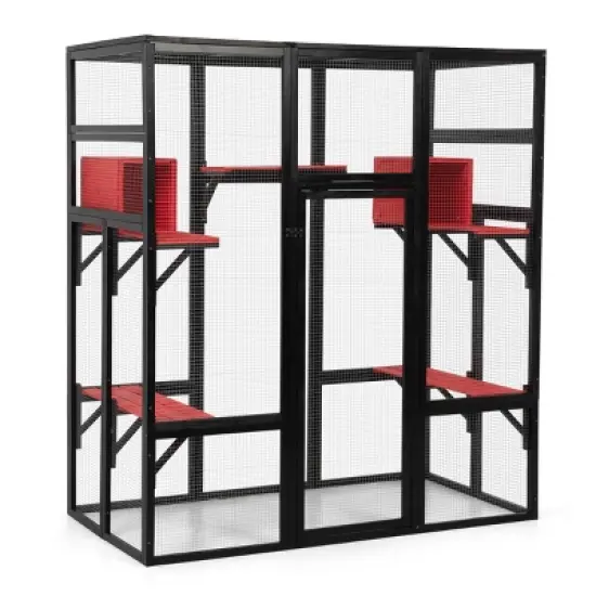 SEVOBAL 62.5" Gothic Outdoor Large Cat Catio Wood Cat Enclosure with Platforms and Condos Patio Cat Window Box Weatherproof Black and Red for Festival image {5}